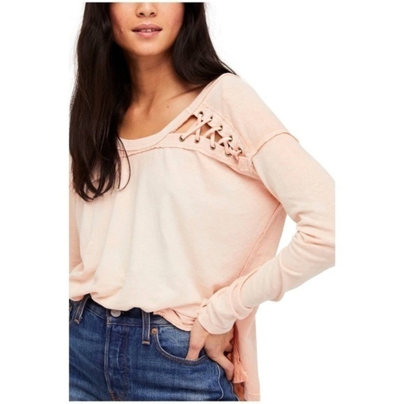 𝅺we the free First Love Peach Linen Blend Oversized Lace Up Long Sleeve size S - Picture 1 of 6